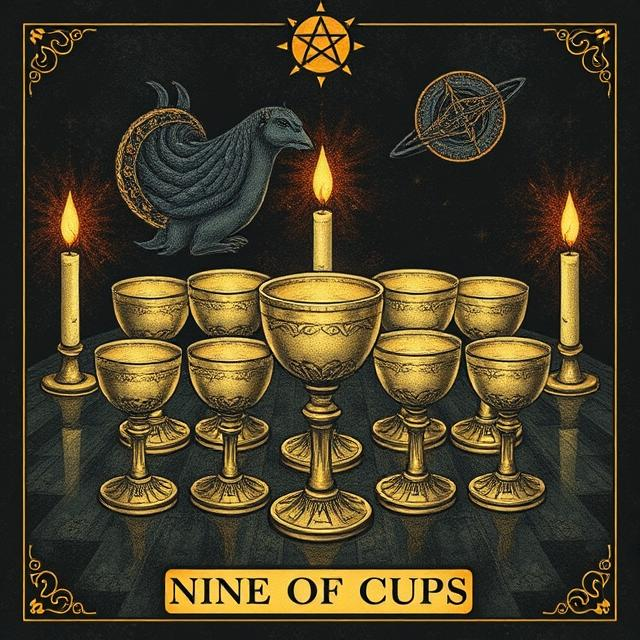 Nine of Cups tarot icon featuring full golden cups, symbolizing emotional fulfillment, satisfaction, and personal contentment.