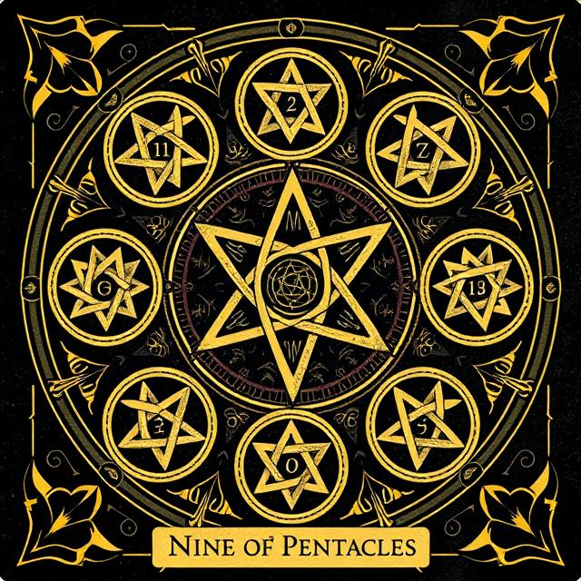 Illustrated Nine of Pentacles tarot icon symbolizing independence, self-worth, comfort, and personal abundance.