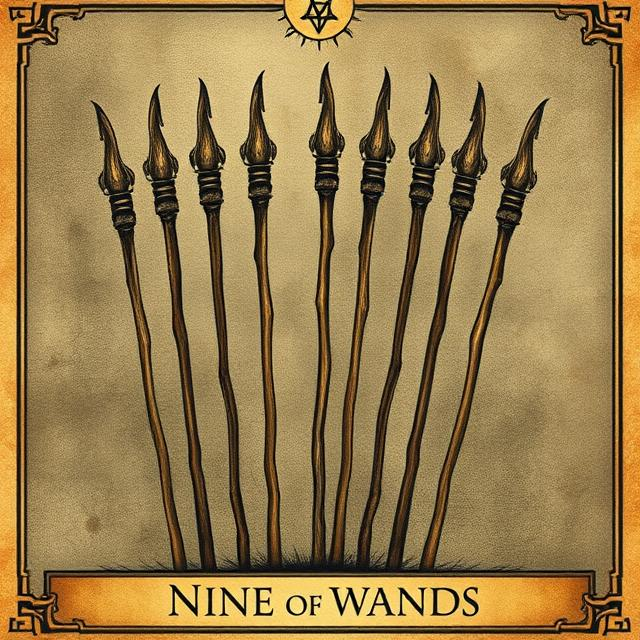 Nine of Wands tarot card symbolizing resilience, persistence, boundaries, and continuing despite fatigue or challenge.