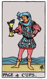 Rider–Waite–Smith Page of Cups tarot card showing a youthful figure holding a cup with a fish emerging, symbolizing emotional curiosity, sensitivity, and intuitive messages.