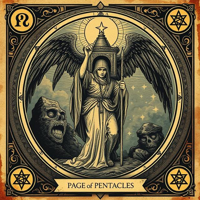 Stylized Page of Pentacles tarot icon representing curiosity, learning, new opportunities, practical focus, and the early stages of material growth.