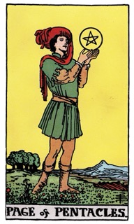 Rider–Waite Page of Pentacles tarot card showing a young figure holding a pentacle, symbolizing curiosity, learning, new opportunities, and the first steps toward material growth.