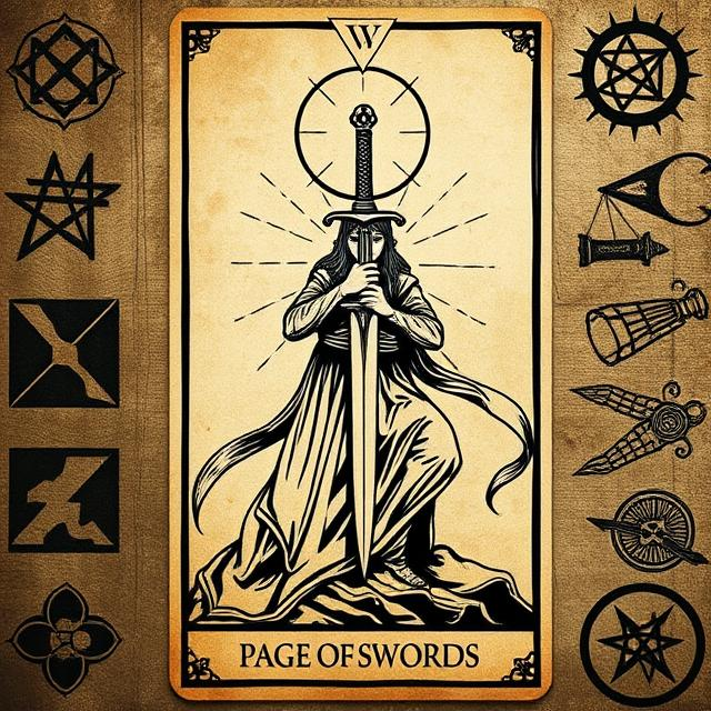 Illustrated Page of Swords tarot icon representing curiosity, mental alertness, communication, learning, and new ideas.