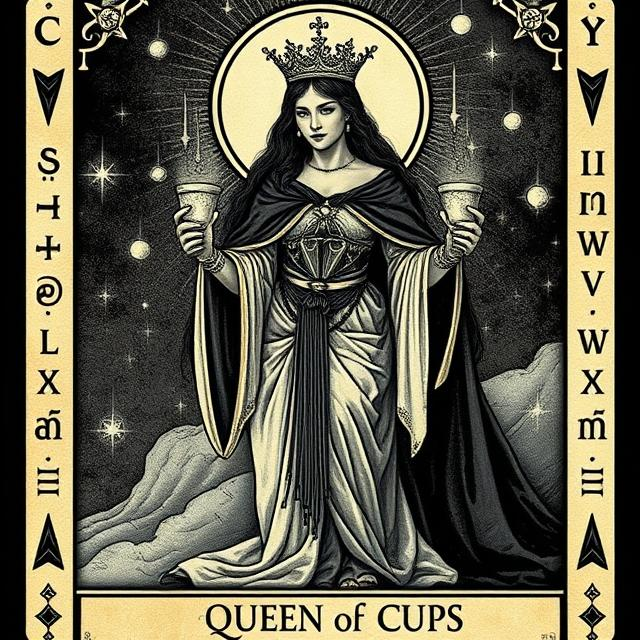 Illustrated Queen of Cups tarot icon expressing compassion, emotional intelligence, intuition, and nurturing presence.
