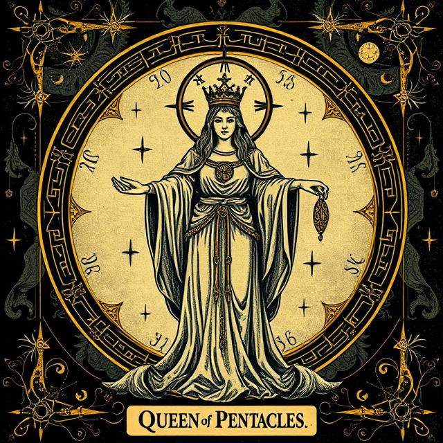Stylized Queen of Pentacles tarot icon expressing nurturing stability, abundance, grounded wisdom, self-care, and material-emotional balance.
