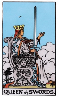 Rider–Waite–Smith Queen of Swords tarot card representing clarity, honesty, discernment, emotional independence, and intellectual authority.