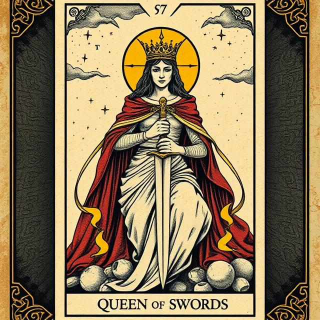 Illustrated Queen of Swords tarot icon expressing clarity, honesty, discernment, emotional independence, and intellectual authority.