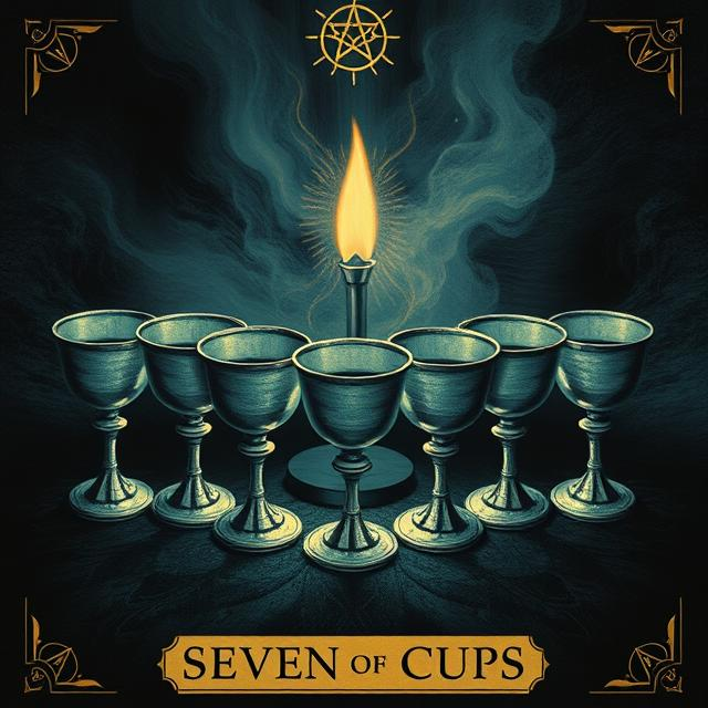Seven of Cups tarot icon displaying multiple glowing cups, symbolizing illusion, emotional confusion, and overwhelming choices.