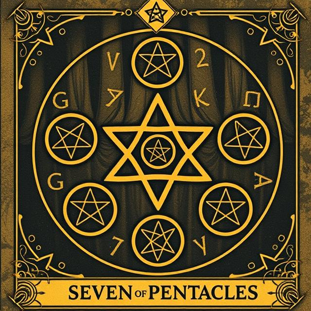 Illustrated Seven of Pentacles tarot icon symbolizing patience, long-term effort, evaluation, and waiting for results.