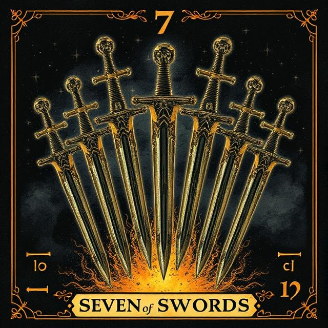 Illustrated Seven of Swords tarot icon symbolizing secrecy, strategy, avoidance, and unspoken intentions.
