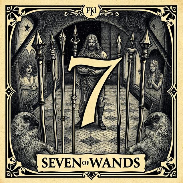 Seven of Wands tarot card symbolizing standing your ground, defending your position, and maintaining integrity under pressure.