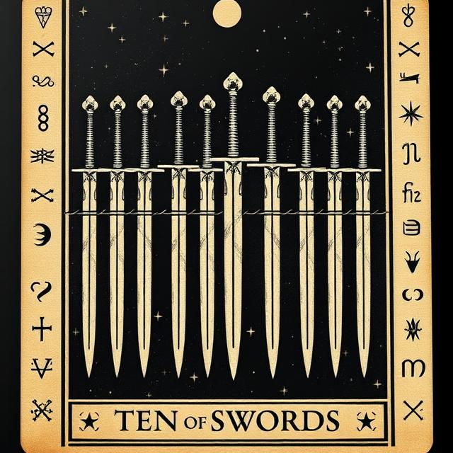 Illustrated Ten of Swords tarot icon representing painful endings, mental collapse, and the final release of a difficult cycle.