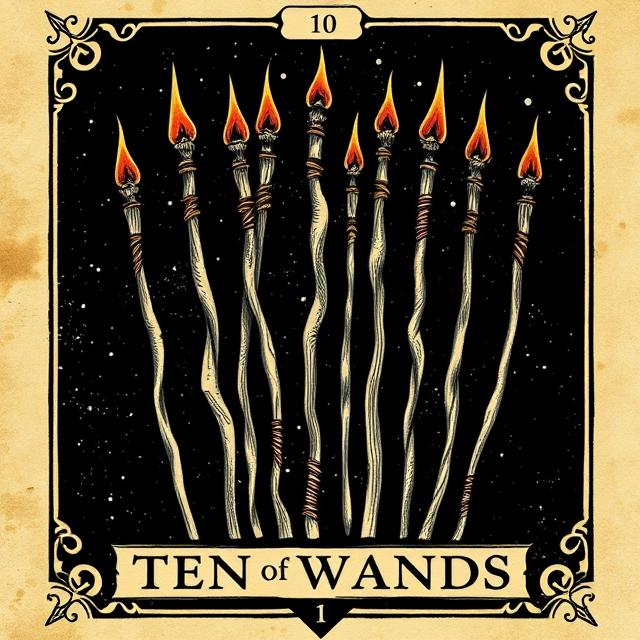 Ten of Wands tarot card representing overload, responsibility, pressure, and the need to release excessive burdens.
