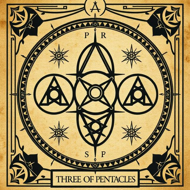 Illustrated Three of Pentacles tarot icon symbolizing collaboration, skill-building, teamwork, and shared goals.