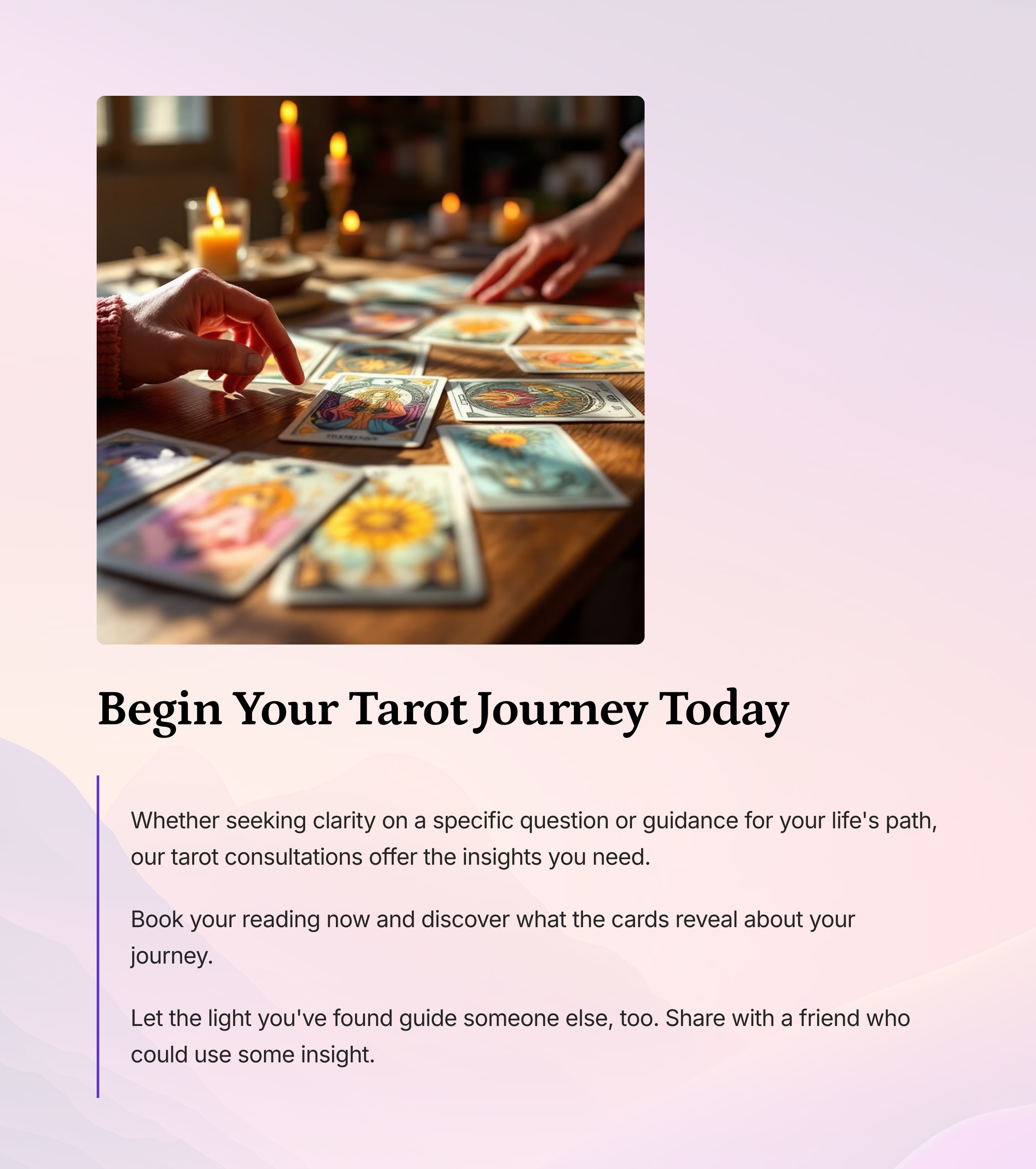 Close-up of a tarot reading session with cards on a wooden table under warm candlelight
