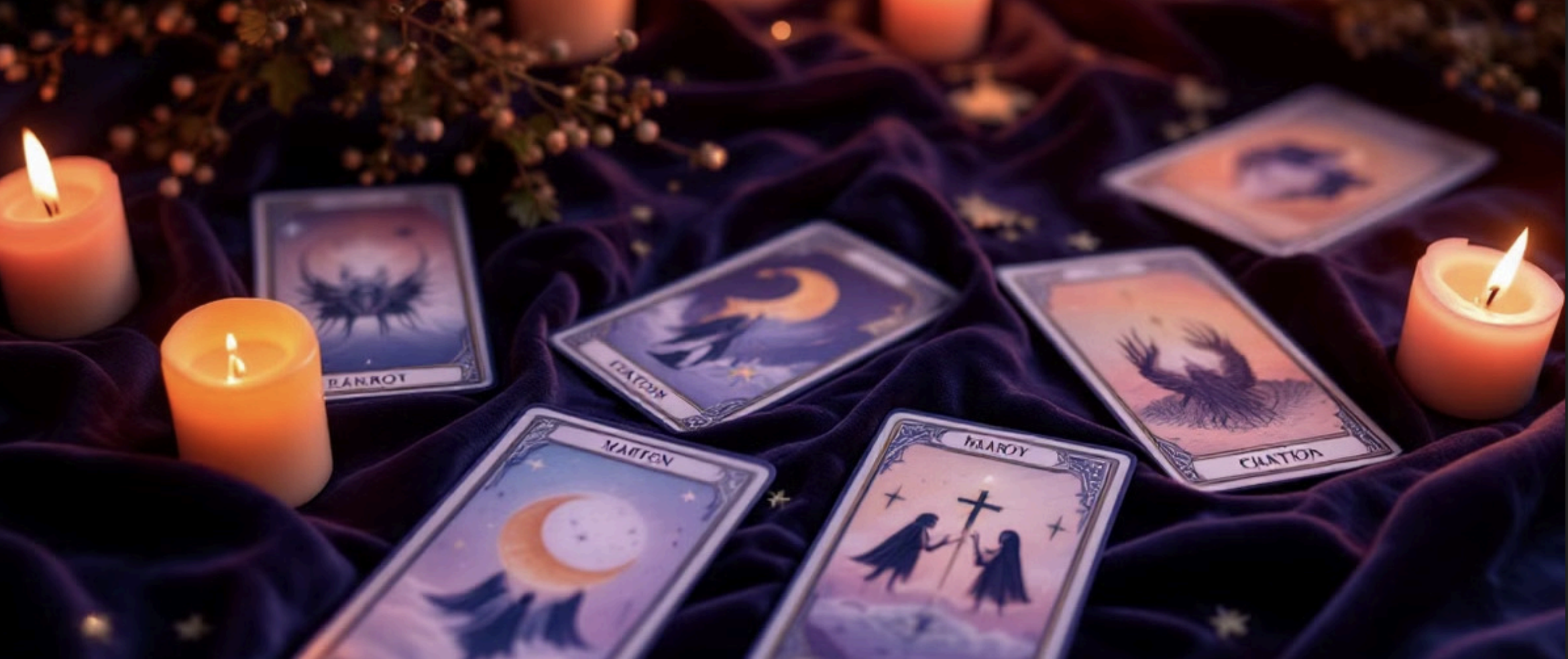 Tarot spreads arranged on a wooden table with candles, representing different tarot reading layouts for guidance and insight.