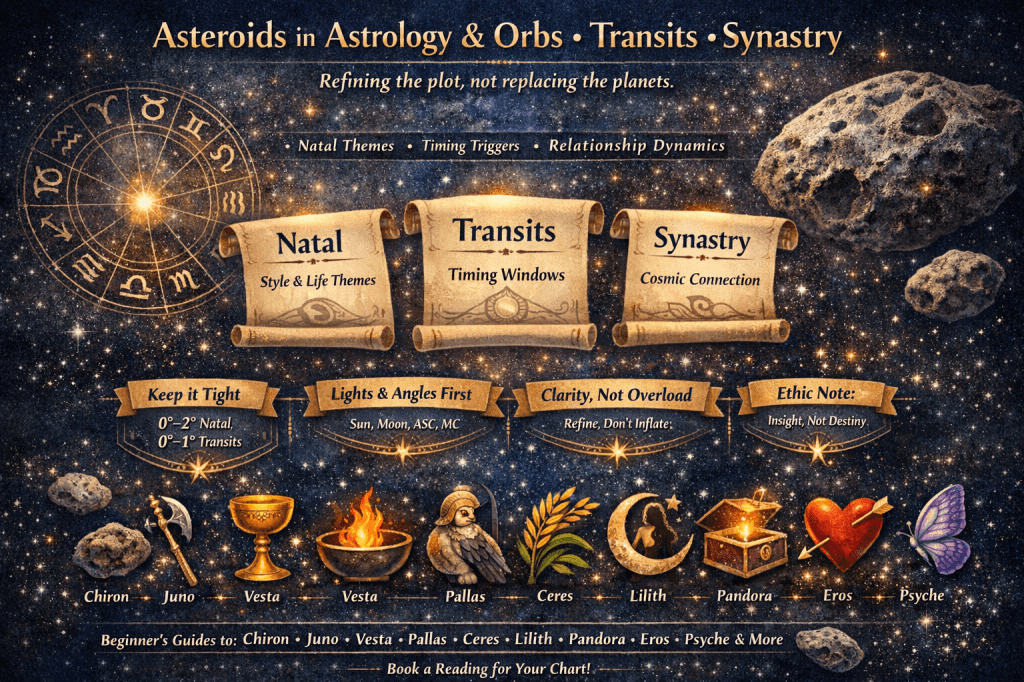 Asteroids in astrology diagram showing natal, transit, and synastry meanings with Chiron, Juno, Vesta, Pallas, Ceres, Lilith, Eros, Psyche, and Hygiea.