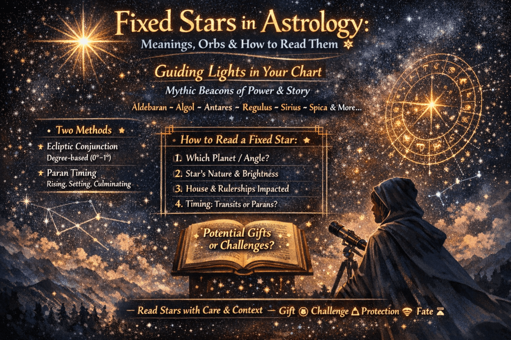 Fixed stars in astrology diagram explaining meanings, orbs, and how to read stars using conjunctions and parans.