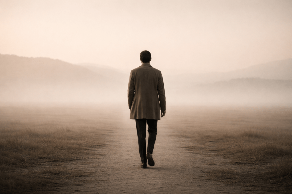 A solitary figure walking forward into an open landscape, symbolizing Life Path 1 leadership, independence, and personal direction in numerology.