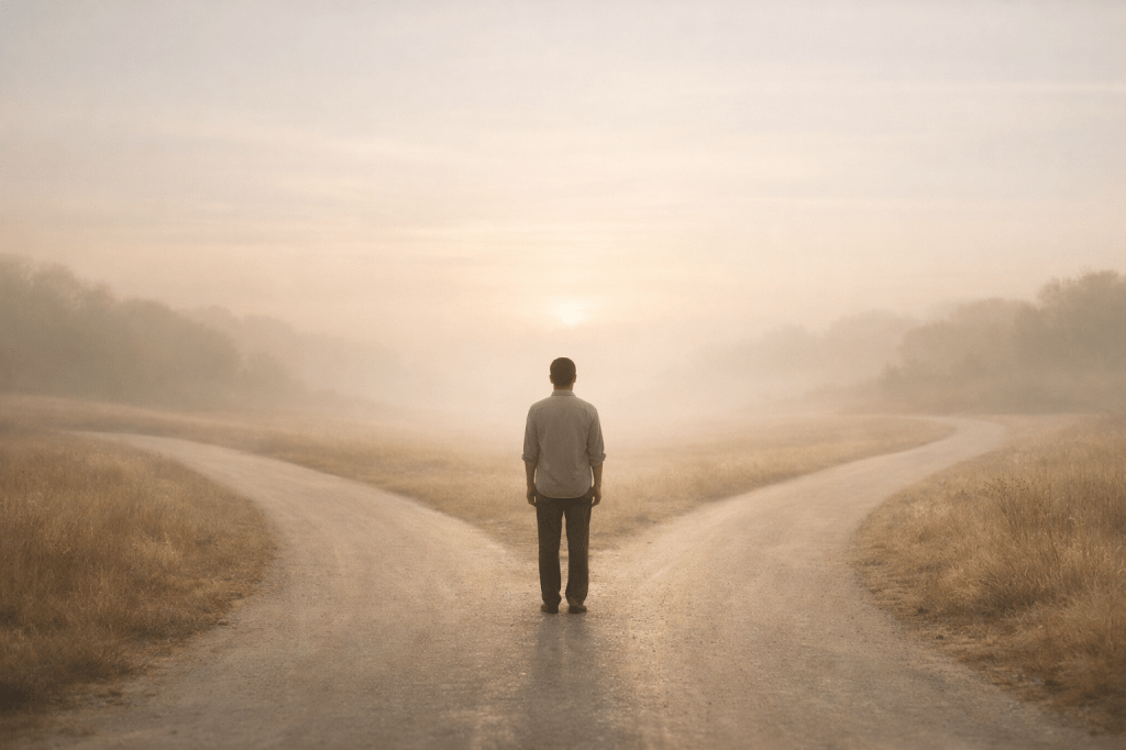 A solitary figure standing calmly between two paths, symbolizing balance, sensitivity, and harmony in Life Path 2 numerology.