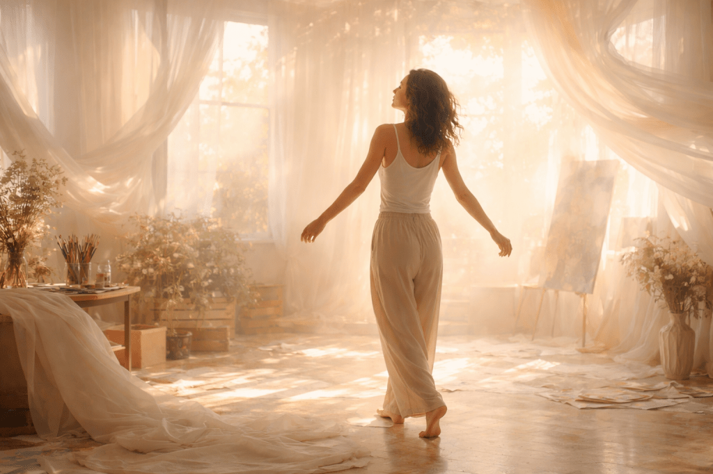 Life Path 3 numerology illustration showing a woman moving freely in a sunlit creative space, symbolizing self-expression, joy, and artistic flow.