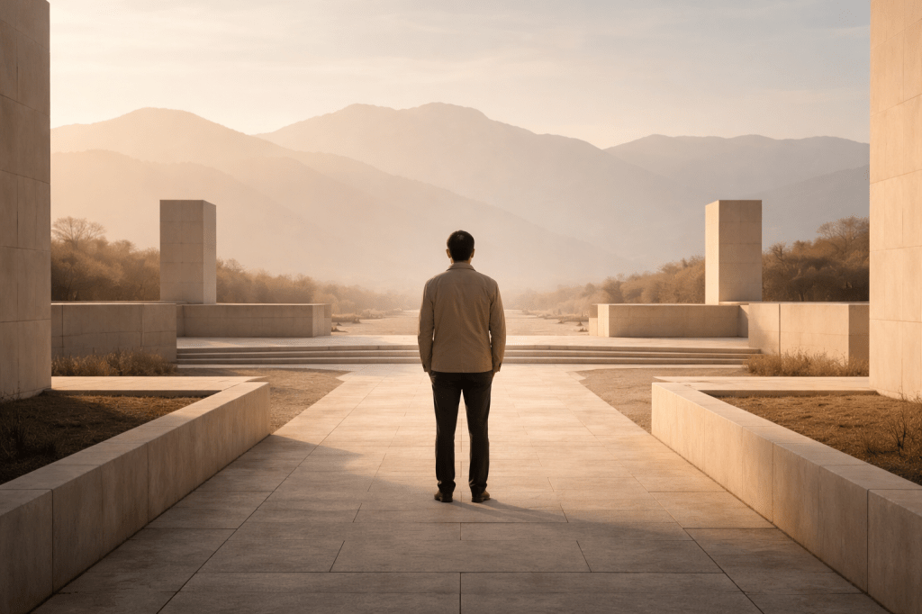 A solitary figure standing within a structured, symmetrical landscape, symbolizing Life Path 4 themes of stability, discipline, and building a solid foundation.