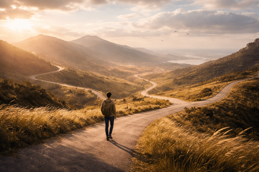 A solitary figure in an open landscape symbolizing Life Path 5 — freedom, movement, adaptability, and learning through experience.