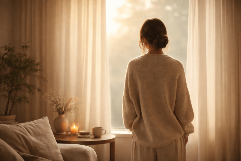 Life Path 6 symbolism showing a calm, nurturing presence — a person standing in a warm, peaceful home environment filled with light, comfort, and emotional safety.