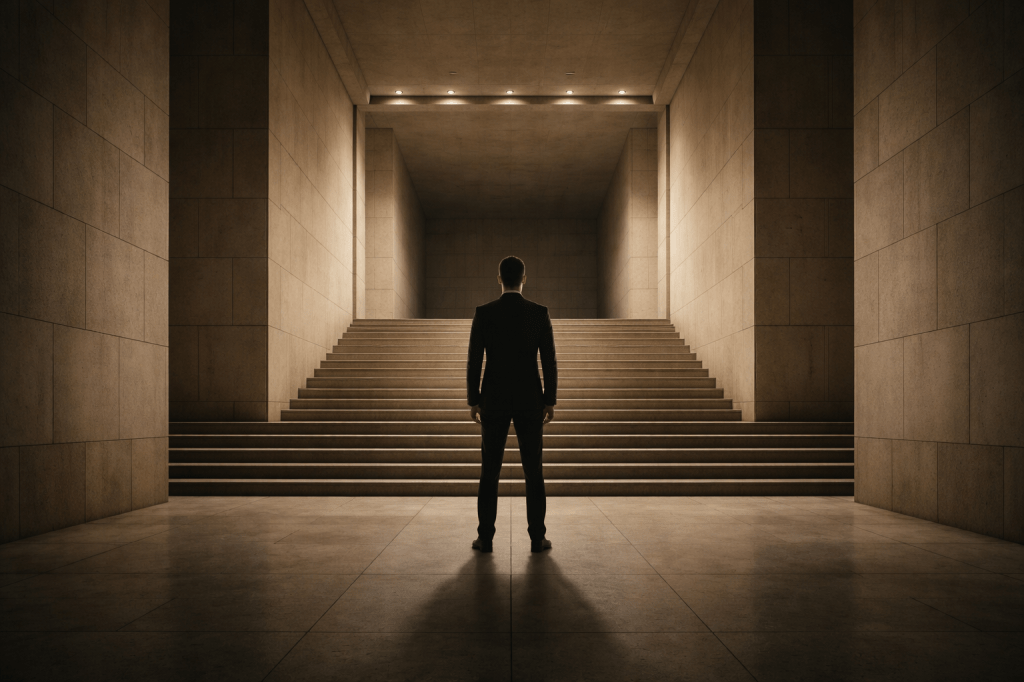 A solitary figure standing before monumental stone steps, symbolizing Life Path 8 themes of power, authority, ambition, and structured success.