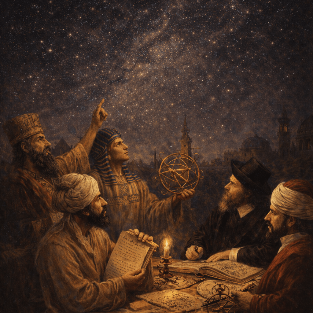 Ancient astrologers observing the night sky, studying star movements and celestial patterns as the early foundations of astrology.