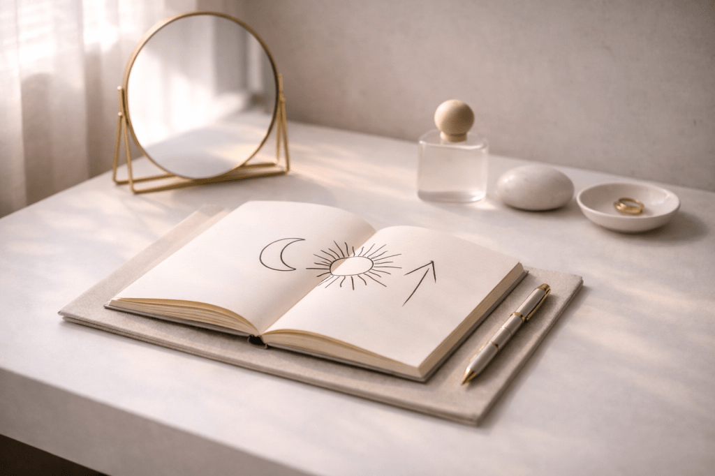 Editorial still life for a Big Three astrology reading, symbolizing Sun, Moon, and Rising through a calm workspace and handwritten celestial symbols.