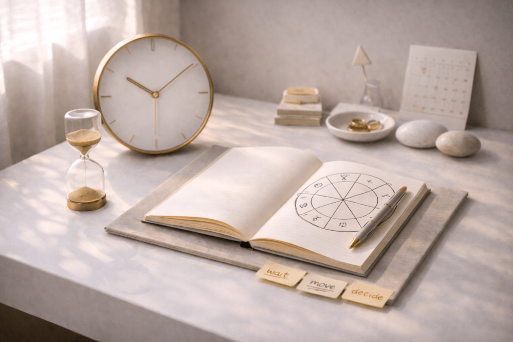 Minimal desk scene with an open notebook showing an astrological timing wheel, a clock and hourglass, symbolising a written astrology timing forecast and decision-focused guidance.
