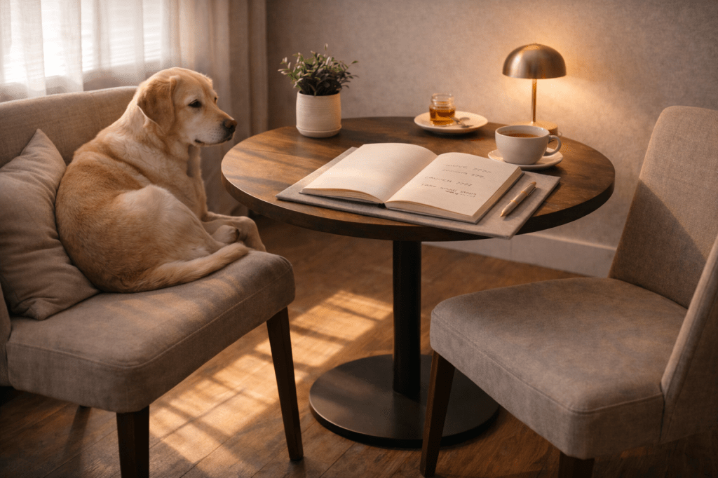 Calm, forward-looking consultation setting with an open notebook and warm light, representing a live annual astrology forecast focused on planning, timing, and next steps.