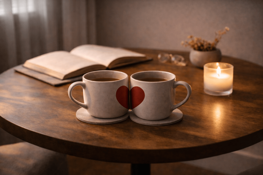 Two coffee cups side by side on a warm table, symbolising a written synastry analysis focused on relationship dynamics, emotional compatibility, and how two people interact.