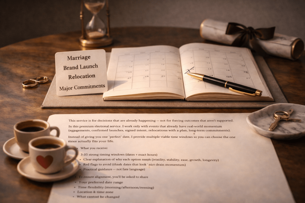 An open calendar and written timing report on a desk with rings, a pen, and marked dates, representing a premium electional astrology consultation for major decisions such as marriage, brand launches, relocation, and long-term commitments.