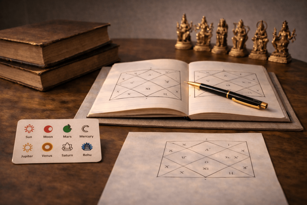 Vedic astrology chart analysis showing dasha cycles, planetary rulers, and long-term karmic timing in a calm, study setting.
