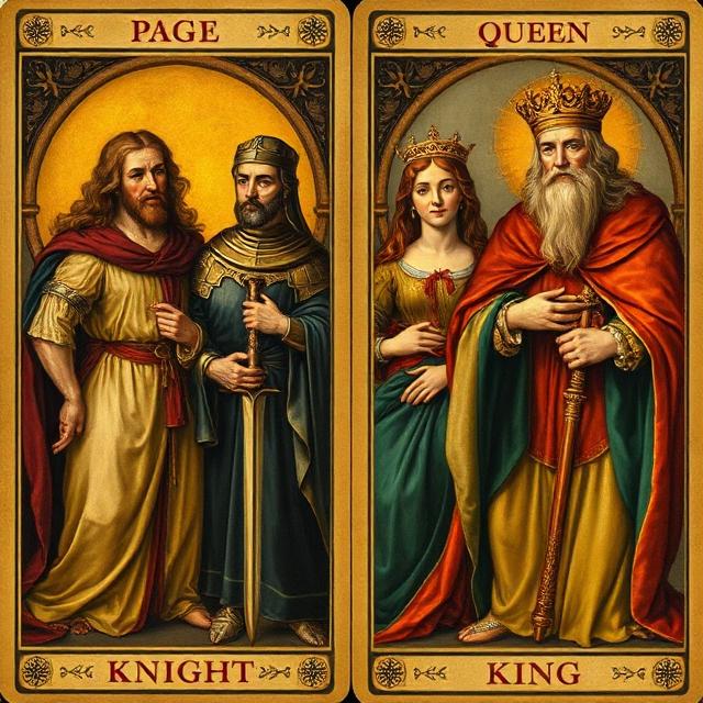 Tarot court cards illustration showing Page, Knight, Queen, and King archetypes, representing personality traits, roles, and modes of expression.