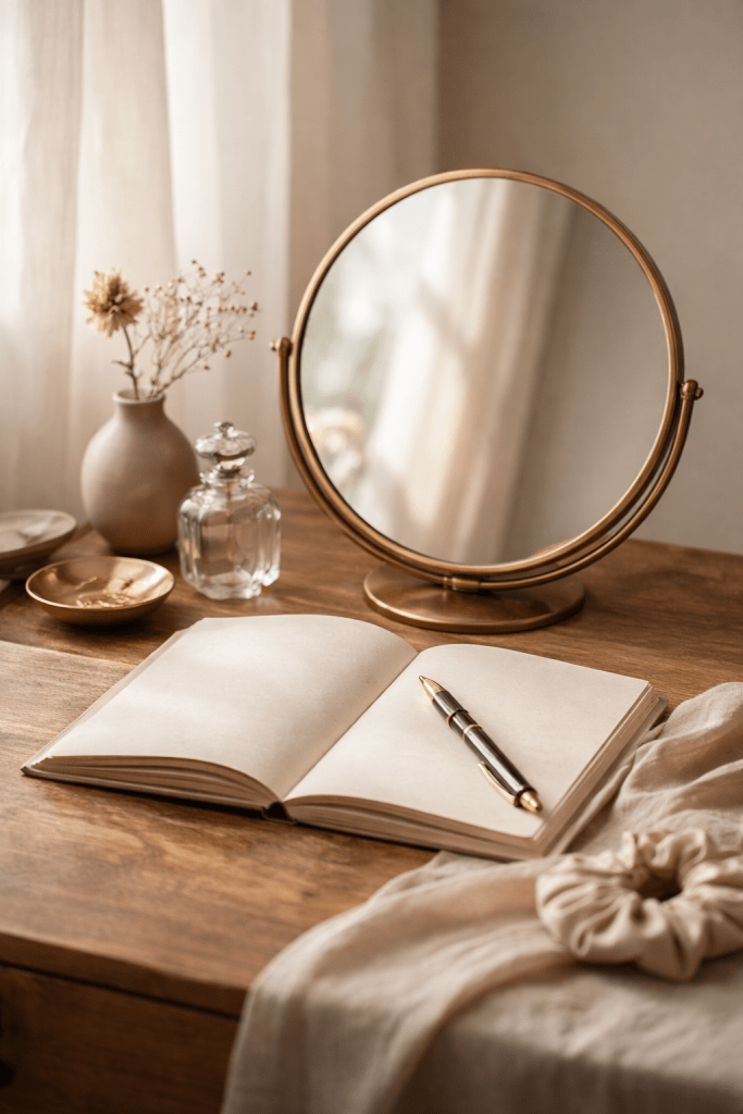 A calm editorial scene with a mirror and notebook representing identity, first impression, and Sun Moon Rising astrology.