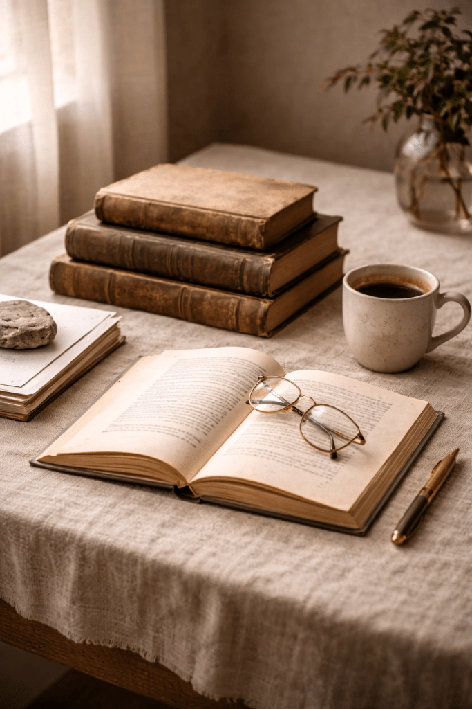 A quiet study with books representing Vedic astrology, karmic timing, and long-term life cycles.