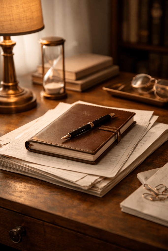 A structured desk setup symbolising a full natal chart analysis and understanding life patterns through astrology.