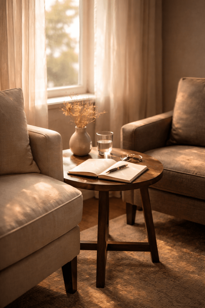 An intimate astrology consultation setting representing a live natal chart reading and personal guidance.