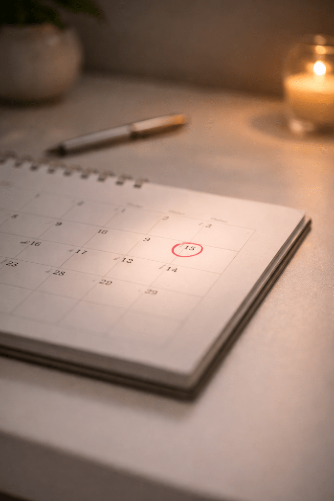 A minimal calendar scene highlighting strategic timing and choosing supportive dates with electional astrology.