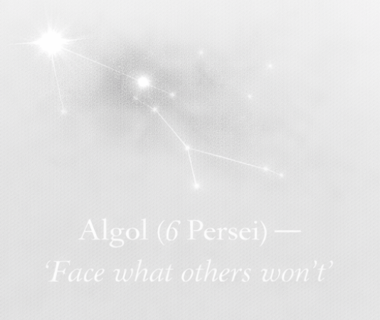 Depiction of the fixed star Algol, representing intense transformation, confronting taboo truths, survival instincts, and raw emotional power.