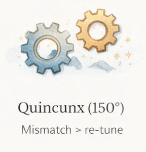 Quincunx aspect illustration showing planets at an awkward angle, symbolizing adjustment, recalibration, and subtle tension in astrology.