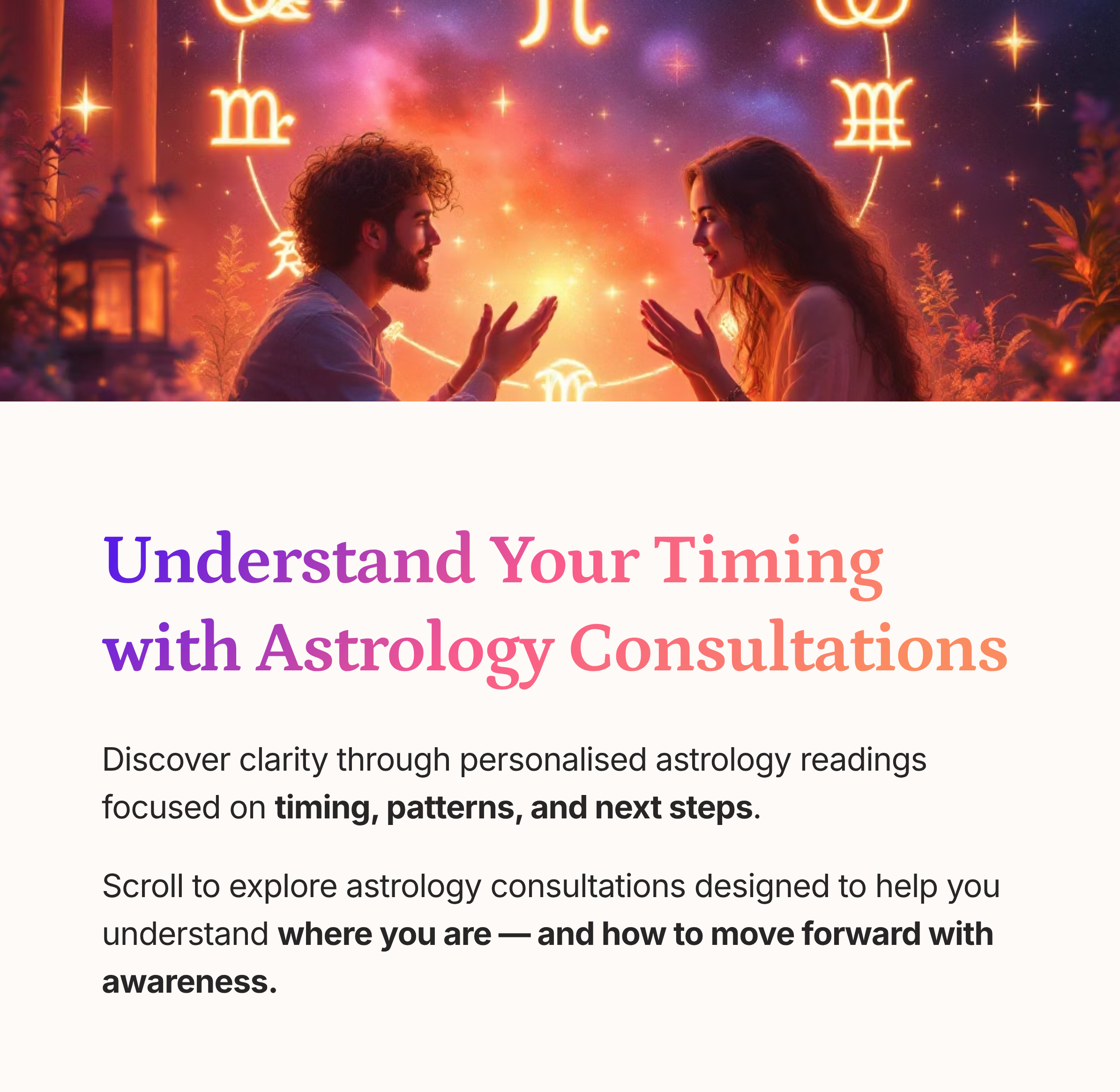Personalised astrology consultation focused on timing, life patterns, and conscious decision-making