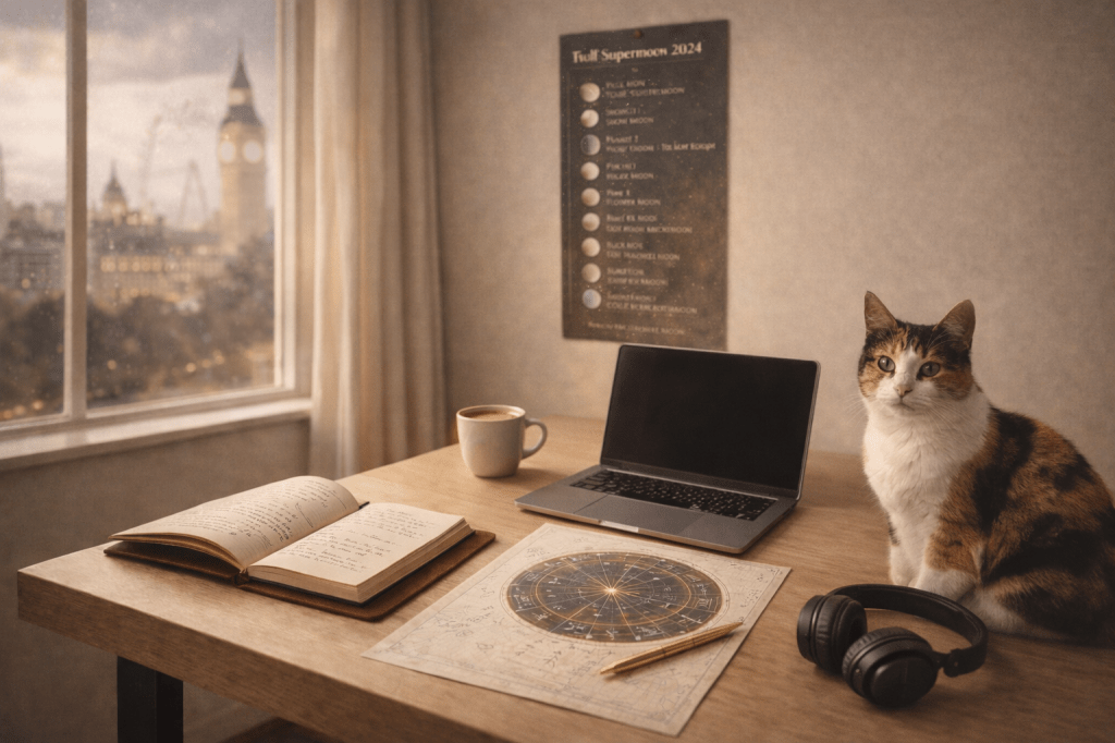 Online astrology readings in London workspace with natal chart, laptop and timing analysis tools.