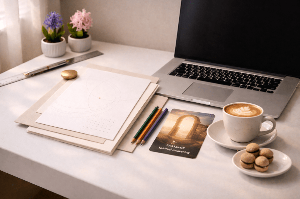 Astrology workspace with chart notes and laptop used for birth time rectification