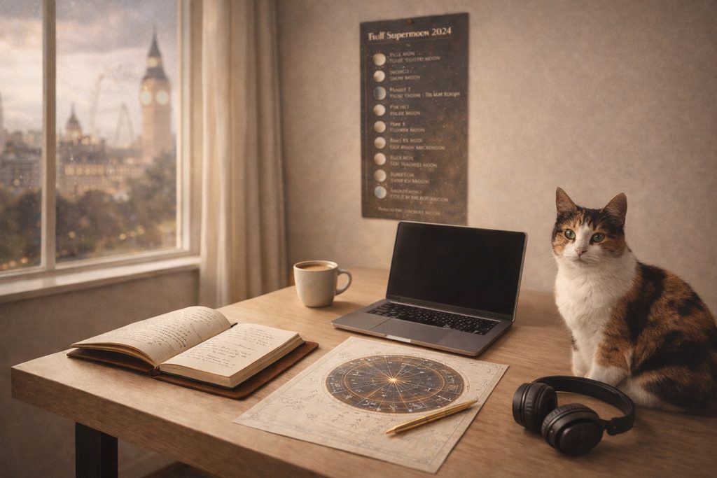 Workspace for online astrology readings in London, with a natal chart, laptop and timing analysis tools.