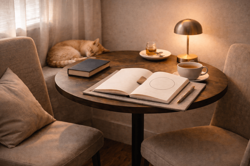 Live natal chart astrology consultation setting with notebook and birth chart sketch.