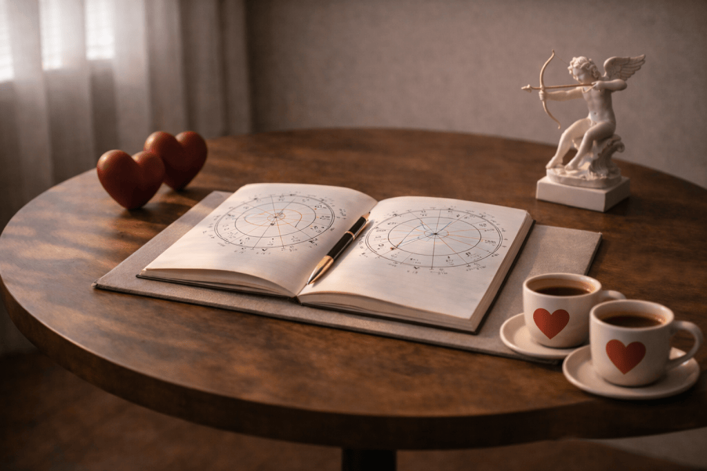 Live synastry astrology consultation setting with two birth charts, notebook and relationship symbolism.